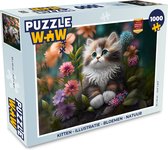 Puzzel Kitten - Illustratie - Bloemen - Natuur - Kat - Legpuzzel - Puzzel 1000 stukjes volwassenen