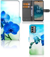 Telefoonhoesje Nokia G22 Wallet Book Case met foto Orchidee Blauw Valentijn Cadeautje Vrouw