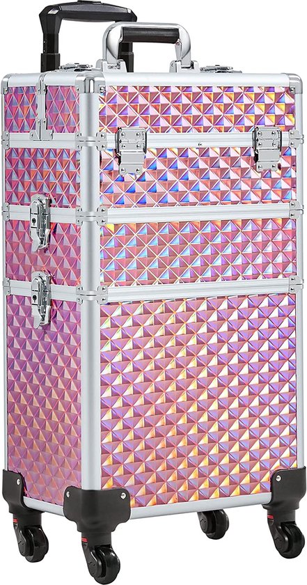 3-in-1 cosmeticakoffer, afsluitbare make-upkoffer voor op reis, grote trolley, multikoffer, kapperskoffer met universele wielen, lichtroze, lichtroze, 35 cm L × 23,5 cm B × 67,5 cm HMTM-30014