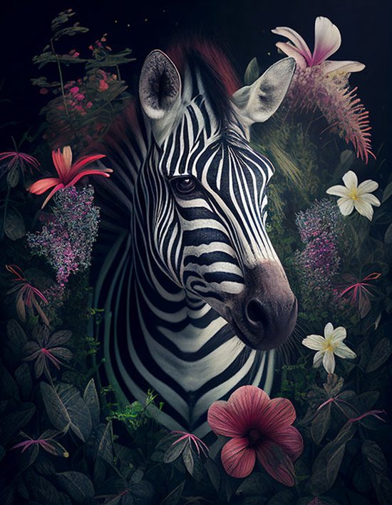 AI - Woondecoratie - Poster - Dieren - Zebra - Bloemen en jungle - 49 - 40 x 50 cm