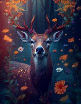 AI - Woondecoratie - Poster - Dieren - Hert - Bloemen en jungle - 54 - 80 x 120 cm
