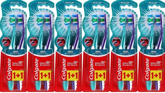 Six paquets doubles de brosses à dents Colgate 360° en vert menthe et violet, avec poils medium.