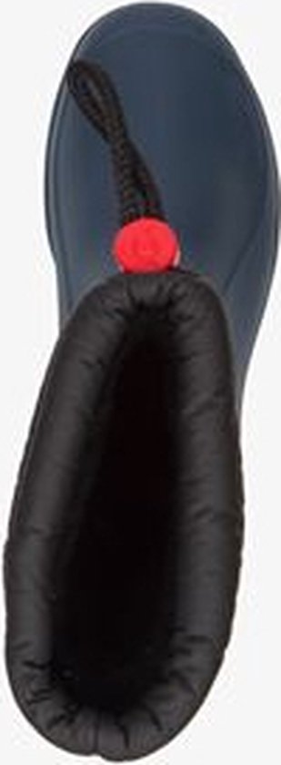 Blauwe Dunlop kinderlaars, bovenaanzicht, met zwarte voering en rode veterstopper.