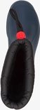 Blauwe Dunlop kinderlaars, bovenaanzicht, met zwarte voering en rode veterstopper.