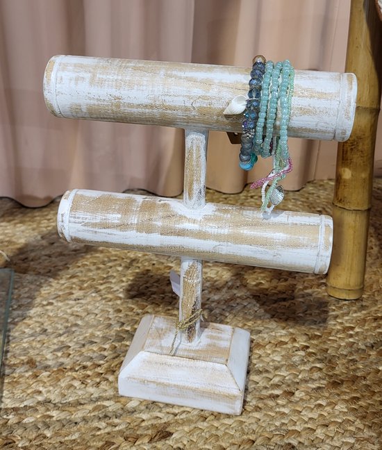 Zita's - armbanden display - hout - 2 balkjes onder elkaar - whitewash - 21x20cm
