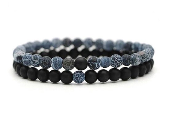 Sorprese armband - Excellence - armband heren - kralen - zwart mat en blauw craquelé - 20 cm - cadeau - Model L