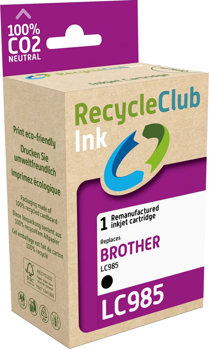 RecycleClub inktcartridge - Inktpatroon - Geschikt voor Brother - Alternatief voor Brother LC-985 Zwart 15ml - 620 pagina's