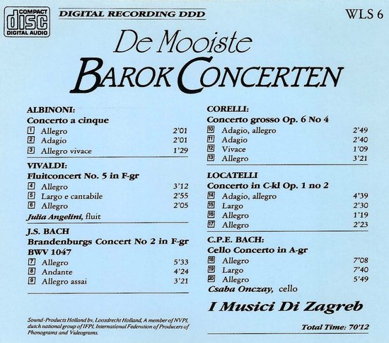 Tracklist van "De Mooiste Barok Concerten" met werken van Albinoni, Vivaldi, J.S. Bach, Corelli, Locatelli en C.P.E. Bach. Uitgevoerd door I Musici Di Zagreb.