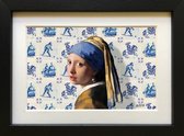 Vermeer Meisje met de Parel met Delfts blauwe tegels - ingelijst met passe-partout - kunst cadeau - 15x20cm