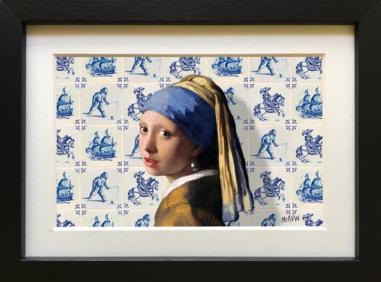 Vermeer Meisje met de Parel met Delfts blauwe tegels - ingelijst met passe-partout - kunst cadeau - 15x20cm