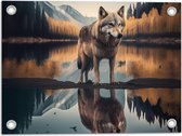 Tuinposter – Wolf in Landschap met Weerspiegeling in het Water - 40x30 cm Foto op Tuinposter (wanddecoratie voor buiten en binnen)