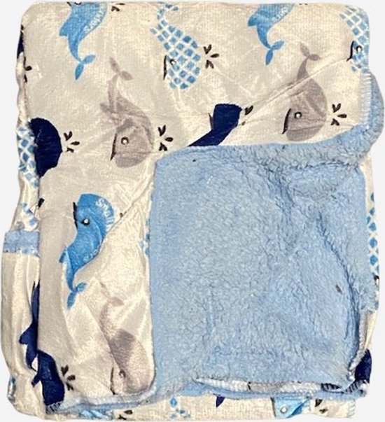 O.T.Trends baby dekentje wit/blauw met dolfijntjes 100x75 voor ledikant of box