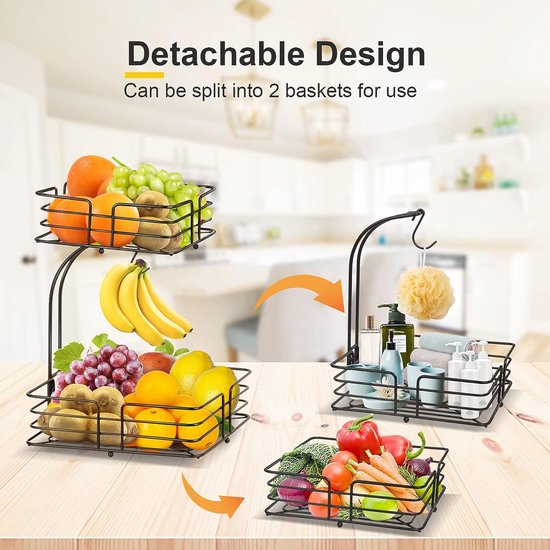 Corbeille à Fruits 2 étages AKOLAFE - Support Banane Intégré - Design Métal Noir Pour Cuisine Et Rangement