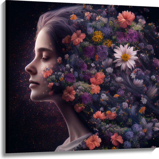 Canvas - Zijaanzicht van Vrouw met Kapsel van Bloemen tegen Zwarte Achtergrond - 100x100 cm Foto op Canvas Schilderij (Wanddecoratie op Canvas)