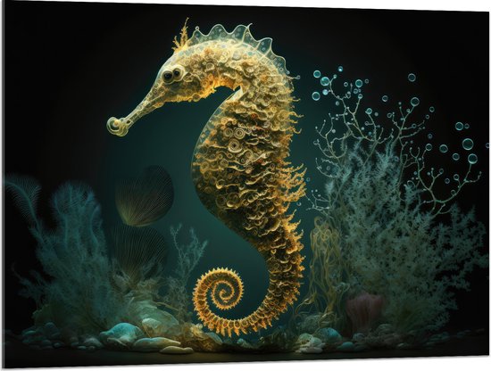 Acrylglas - Zeepaardje tussen de Planten in het Zeewater - 100x75 cm Foto op Acrylglas (Wanddecoratie op Acrylaat)