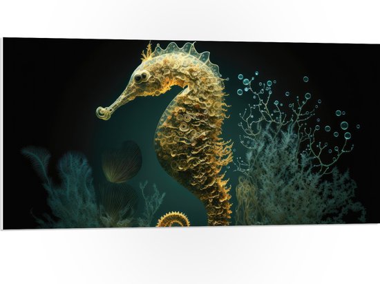 PVC Schuimplaat- Zeepaardje tussen de Planten in het Zeewater - 100x50 cm Foto op PVC Schuimplaat