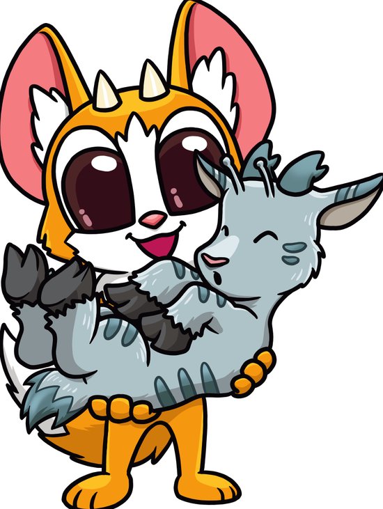 Oranje cartoonfiguur met grote ogen knuffelt een blauw gestreept dier.