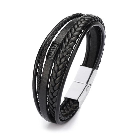 Sorprese armband - Luxury - armband heren - leer - zwart - 5 snoeren - zilveren sluiting - cadeau - Model I