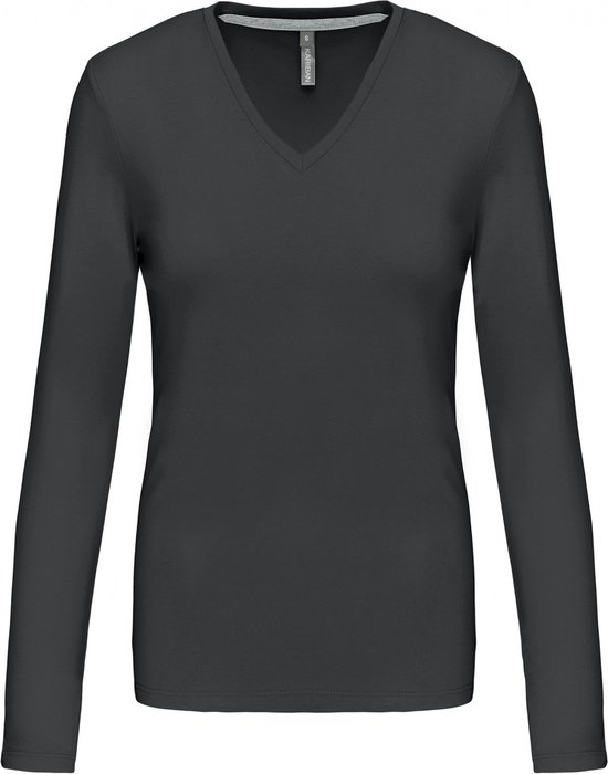 T-shirt Dames 3XL Kariban V-hals Lange mouw Dark Grey 100% Katoen