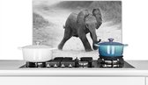 Spatscherm keuken 70x50 cm - Kookplaat achterwand Olifant - Baby - Dieren - Pad - Zwart wit - Muurbeschermer - Spatwand fornuis - Hoogwaardig aluminium