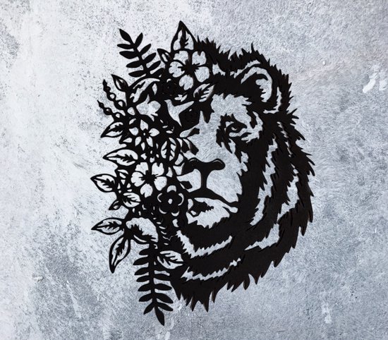 Djemzy - muurdecoratie woonkamer - wanddecoratie - hout - zwart - dieren - Leeuw met bloemen - MDF 6 mm