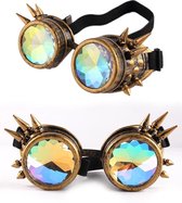 KIMU Goggles Steampunk Bril Met Spikes - Brons Montuur - Caleidoscoop Glazen - Bronzen Spacebril Space Caleidoscope Holografisch Festival