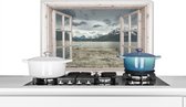 Spatscherm keuken 70x50 cm - Kookplaat achterwand Doorkijk - Steiger - Berg - Muurbeschermer - Spatwand fornuis - Hoogwaardig aluminium
