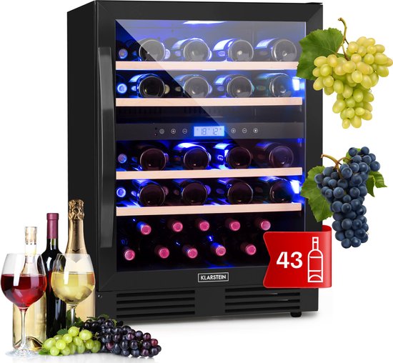Klarstein Vinovilla Wijnkoelkast - 2 Zones - Geruisloos - 5-20 °C - 43 Flessen - Zwart