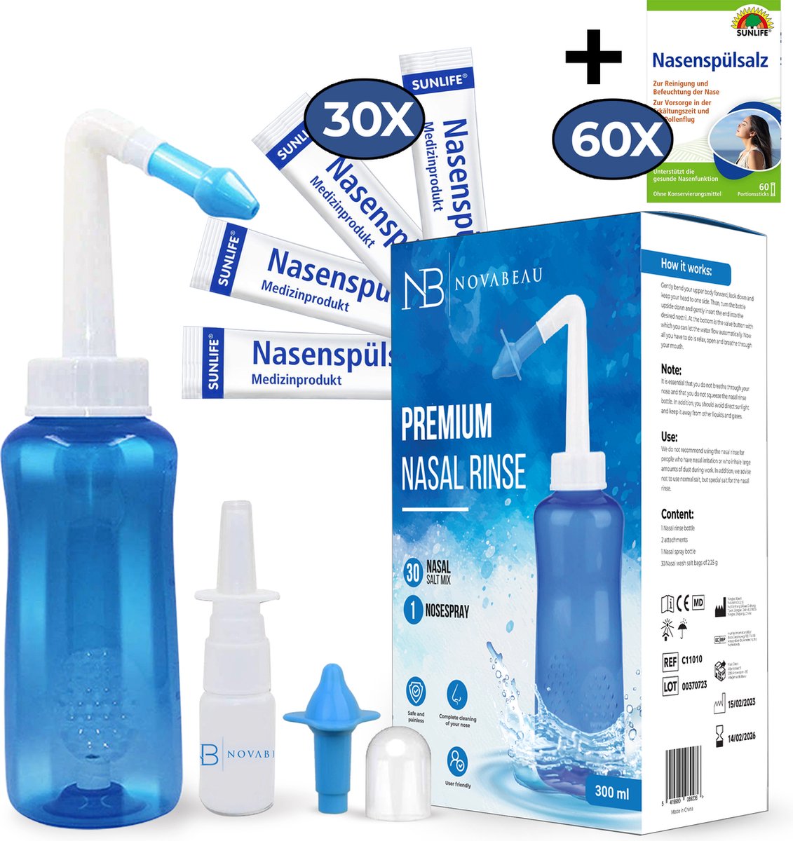 Goedkoopste Novabeau Neusdouche met 90 Extra Zoutzakjes en Neusspray - Neusspoeler Van 300 ml voor Hooikoorts en Verstopte Neus – Neusreiniger voor Volwassenen en Kinderen – Neuspomp – Neti Pot