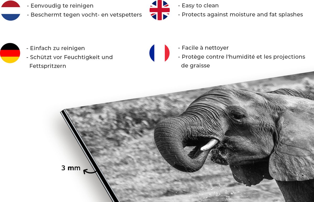 Spatscherm keuken 120x60 cm - Kookplaat achterwand Olifant - Water - Dieren - Zwart - Wit - Muurbeschermer - Spatwand fornuis - Hoogwaardig aluminium