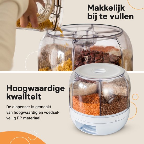 Witte voorraaddispenser met vier vakken gevuld met granen en linzen. Tekst: Makkelijk bij te vullen, Hoogwaardige kwaliteit.