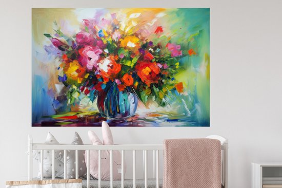 Muurstickers - Sticker Folie - Bloemen - Kleurrijk - Bloempot - Olieverf - 120x80 cm - Plakfolie - Muurstickers Kinderkamer - Zelfklevend Behang - Zelfklevend behangpapier - Stickerfolie