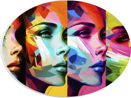 PVC Schuimplaat Ovaal - Artistieke Collage van Zijaanzichten van Kleurrijke Vrouwen - 28x21 cm Foto op Ovaal (Met Ophangsysteem)