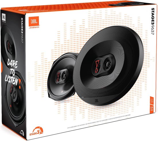 JBL Stage3 9637 verpakking met twee 6x9 inch 3-weg coaxiale autospeakers.