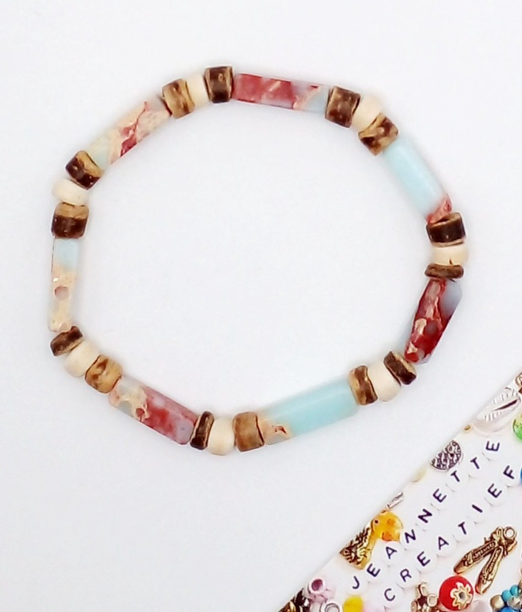 Jeannette-Creatief® - Natuursteen - Light Cyan Jaspis - Dames Armband - Kokos - Natuursteen - Jaspis - IBIZA - Bohemien - armbanden natuursteen - armbanden met natuursteen - Kokosarmband - Kokos armband