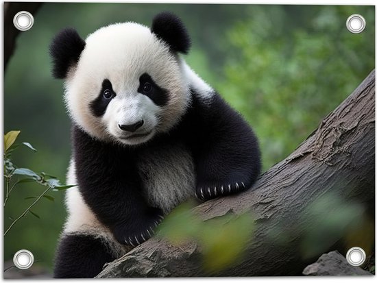 Tuinposter – Aankijkende Panda op Boomstam in het Bos - 40x30 cm Foto op Tuinposter (wanddecoratie voor buiten en binnen)