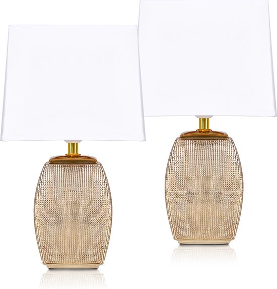 BRUBAKER Set van 2 Tafellampen - Bedlampjes - Decoratieve Lampen - Keramische voet - Wit - Goud - 38 cm