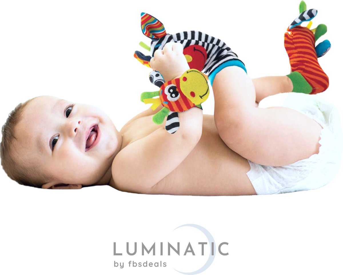 Baby Rammelaar - Rammelaar Sokjes en Armbandjes - Pols en Voetrammelaar - Speel en Voetzoeker Sokken - Baby Sokjes - Pluche Knuffels - Rammelaar - Belletjes | Luminatic® | Zebra & Giraffe 3 | 1 Set, 4 Stuks — afbeelding 7