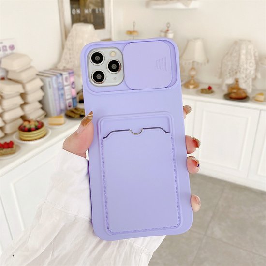 iPhone 14 Pro Max TPU Cover Case Hoesje met Camera Slide en Pashouder - Paars / Back Cover