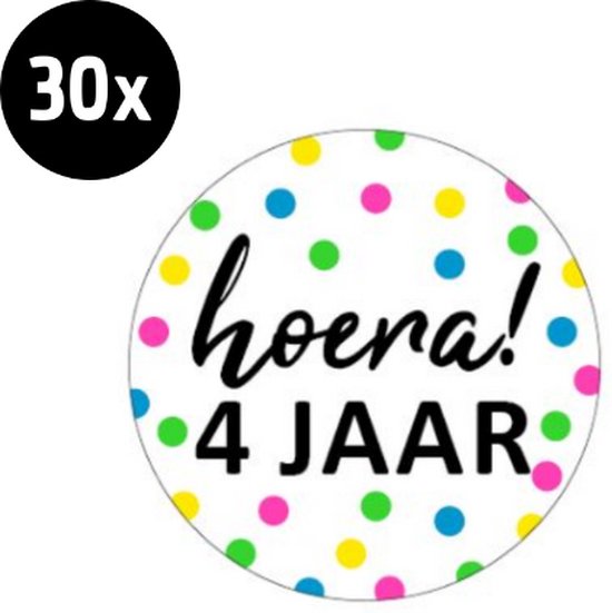 30x Sluitsticker Hoera 4 jaar! NEON | 40 mm | Traktatiesticker Hoera | Cadeausticker | Sluitzegel | Sluitsticker | Traktatie - Verjaardag - Feest | Sticker 4e verjaardag | Kinder traktatie