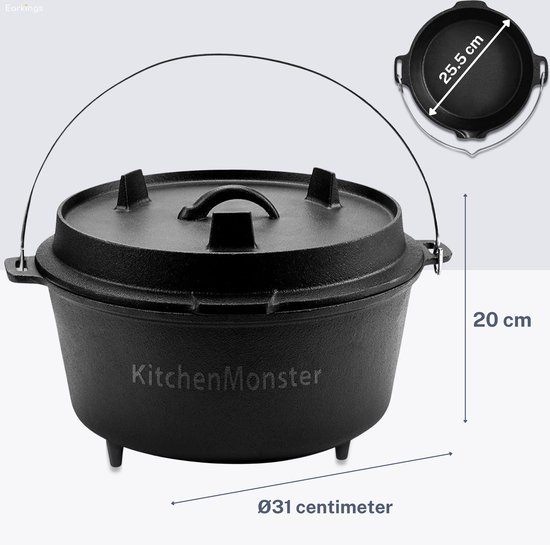 KitchenMonster® Dutch Oven Kookpan - Gietijzeren Pan Ø25.5 - Gietijzeren Pan met Deksel 5 Liter Grillpan - Braadpan Gietijzer Zwart - KitchenMonster