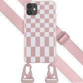 Selencia Hoesje Geschikt voor iPhone 11 Hoesje Met Koord - Selencia Siliconen design hoesje met afneembaar koord - Roze / Irregular Check Sand Pink