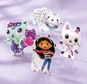 Vier glinsterende diamond painting figuren van Gabby's Poppenhuis: Gabby, een zeemeermin kat, een witte kat en een gestreepte kat.