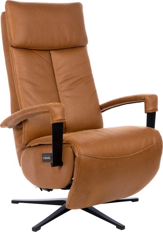 Reggio Relaxfauteuil Elektrisch Verstelbaar met Accu - Optimaal Zitcomfort - Nosagvering voor extra Ontspanning - Relax Fauteuil - Relaxstoel met Armleuning - Cognac Bruin