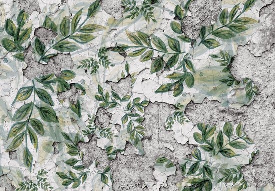Fotobehang - Vlies Behang - Bladeren op Betonnen Muur - 254 x 184 cm