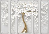 Fotobehang - Magische Boom met Bloemen tussen de Panelen - Magic Magnolia - Vliesbehang - 312 x 219 cm