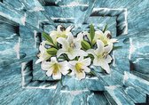 Fotobehang - Vlies Behang - Witte Lelies in Grijze Houten 3D Tunnel - 312 x 219 cm