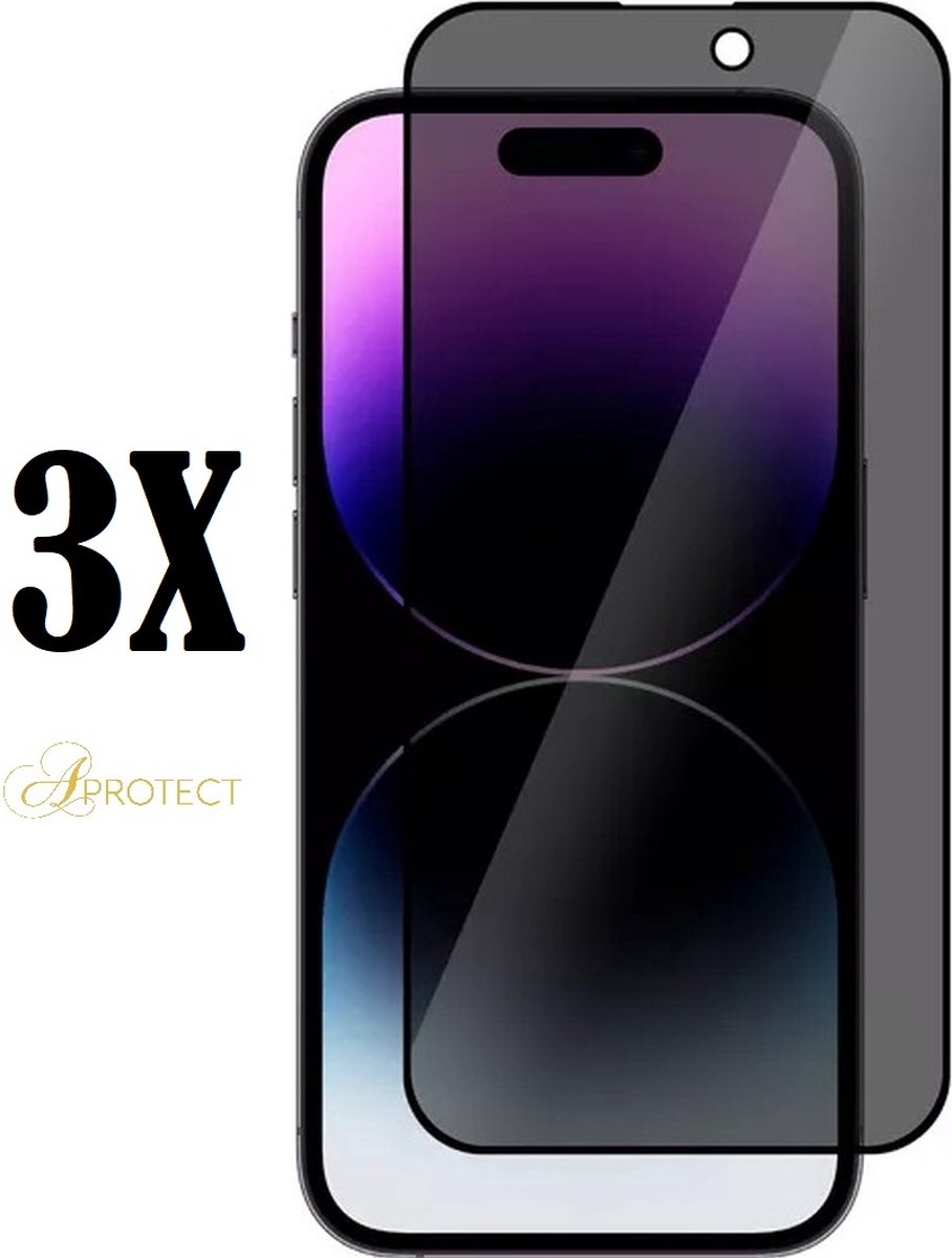 APROTECT® - Privacy screenprotector geschikt voor Apple iPhone 14 Pro - Tempered glass - Geschikt voor iPhone 14 Pro - Screen protector - 3 stuks