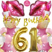 Snoes Mega Beauty Helium Ballonnen Set 61 Jaar - Roze Helium Folieballonnen - Slinger Happy Birthday Goud