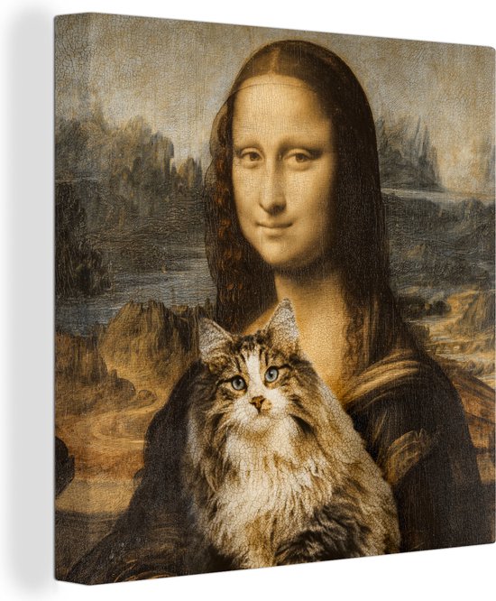 Schilderij kat - Mona Lisa - Da Vinci - Katten schilderij - Canvas kat - Wanddecoratie - 20x20 cm